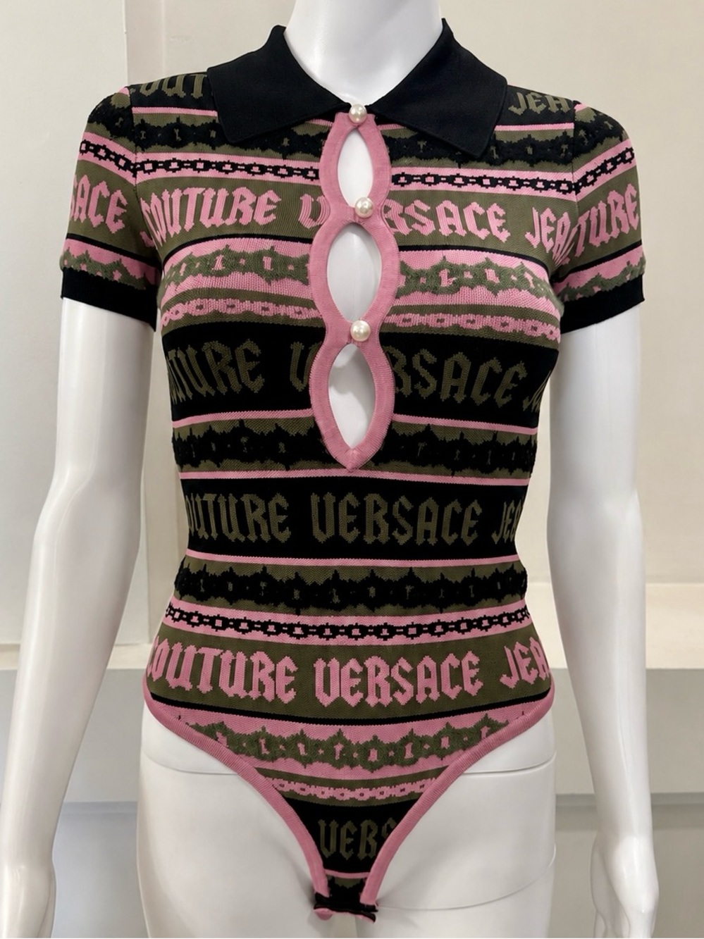 Versace Pink, Black & Olive Jacquard Logo Knit Bodysuit